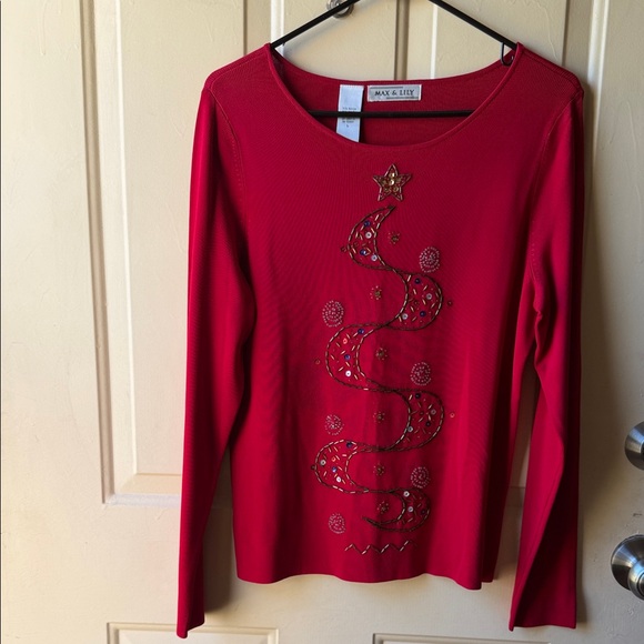 Max & Lily large red long sleeve blouse Christmas tree sequins beads holiday - Picture 1 of 9